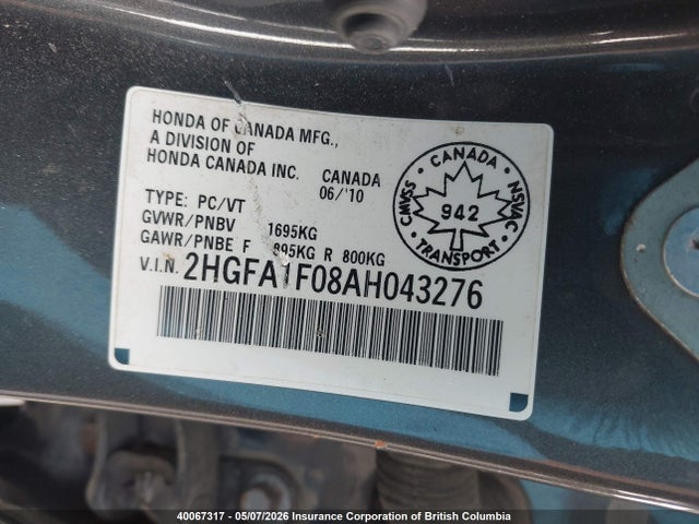 2010 Honda Civic მანქანა იყიდება აუქციონზე, vin: 2HGFA1F08AH043276, აუქციონის ნომერი: 40067317