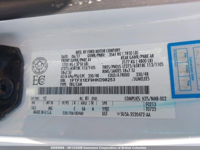 40065669 :رقم المزاد ، 1FTFX1EF9HKD98253 vin ، 2017 Ford F-150 Xlt مزاد بيع