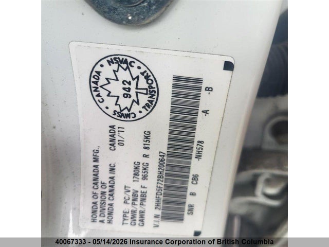 Продажа на аукционе авто 2011 Acura Csx, vin: 2HHFD5F72BH200647, номер лота: 40067333