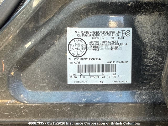 Продаж на аукціоні авто 2004 Mazda 6 S, vin: 1YVHP85D145N79947, номер лоту: 40067335