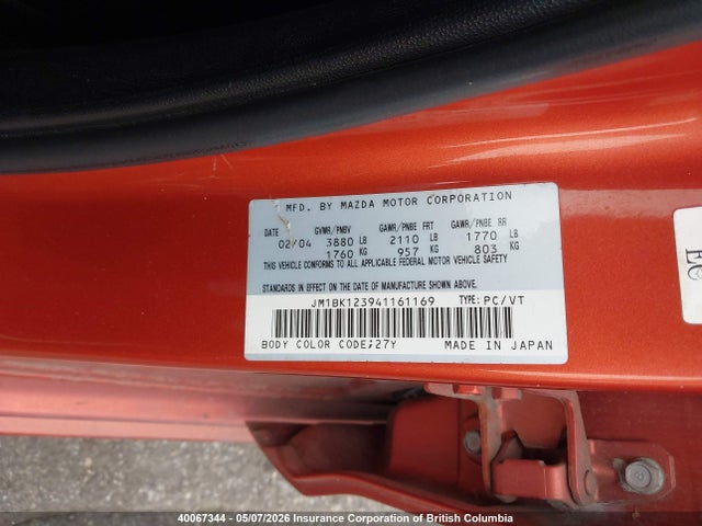 Продаж на аукціоні авто 2004 Mazda 3 S, vin: JM1BK123941161169, номер лоту: 40067344