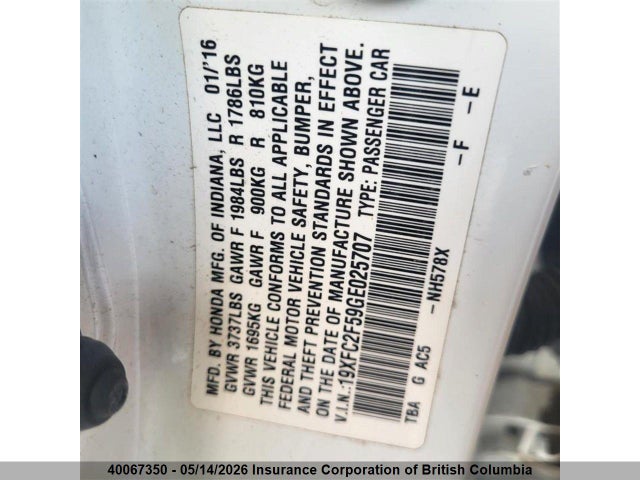 Aukcja sprzedaży 2016 Honda Civic, vin: 19XFC2F59GE025707, numer aukcji: 40067350