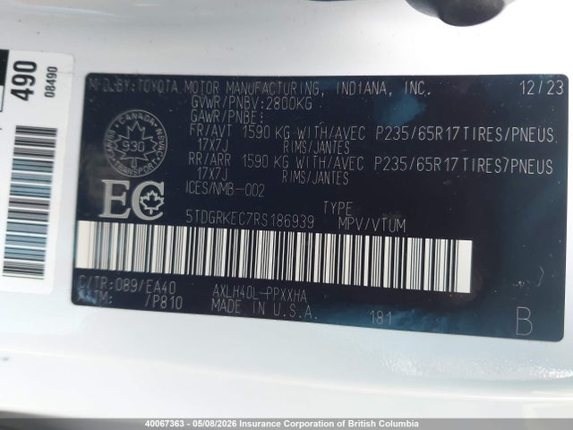 5TDGRKEC7RS186939 Toyota Sienna Le/xle/platinum/xse/limited