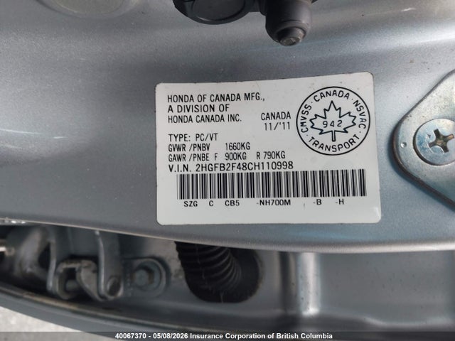Продажа на аукционе авто 2012 Honda Civic, vin: 2HGFB2F48CH110998, номер лота: 40067370