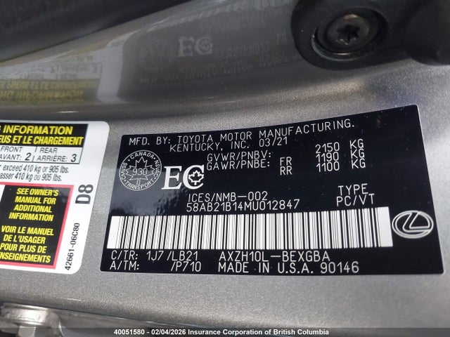 58AB21B14MU012847 Lexus Es 300h 300h