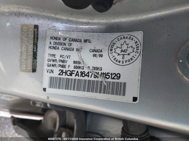 2009 Honda Civic მანქანა იყიდება აუქციონზე, vin: 2HGFA16479H115129, აუქციონის ნომერი: 40067376