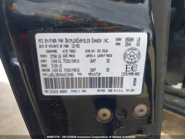 40067379 :رقم المزاد ، 1J4GL38K64W212489 vin ، 2004 Jeep Liberty Renegade مزاد بيع
