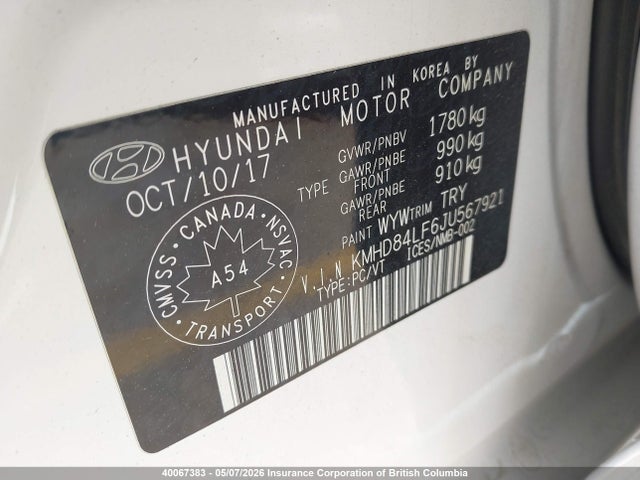 KMHD84LF6JU567921 Hyundai Elantra Sel/value/limited