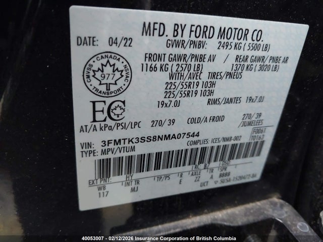 Продажа на аукционе авто 2022 Ford Mustang Mach-e Premium, vin: 3FMTK3SS8NMA07544, номер лота: 40053007