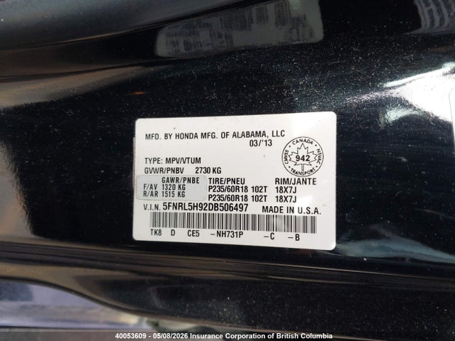 Продажа на аукционе авто 2013 Honda Odyssey Touring/touring Elite, vin: 5FNRL5H92DB506497, номер лота: 40053609