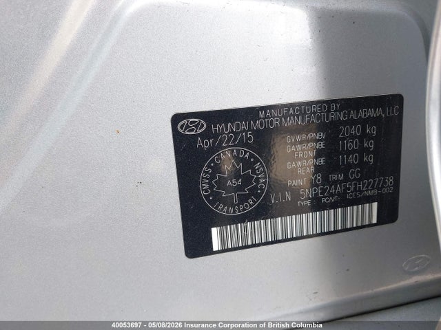 2015 Hyundai Sonata Se მანქანა იყიდება აუქციონზე, vin: 5NPE24AF5FH227738, აუქციონის ნომერი: 40053697