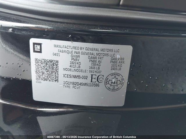 2021 Chevrolet Corvette Stingray 2lt მანქანა იყიდება აუქციონზე, vin: 1G1YB2D45M5110596, აუქციონის ნომერი: 40067398