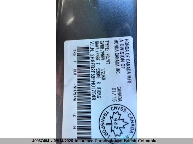 Aukcja sprzedaży 2015 Honda Civic, vin: 2HGFB2F59FH017548, numer aukcji: 40067404