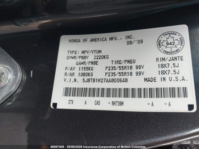 Auction sale of the 2010 Acura Rdx, vin: 5J8TB1H27AA800648, lot number: 40067409