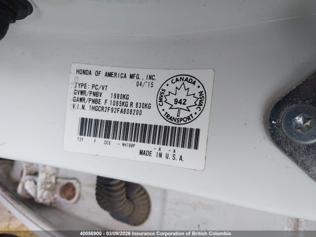 Продаж на аукціоні авто 2015 Honda Accord Touring, vin: 1HGCR2F92FA808200, номер лоту: 40056900