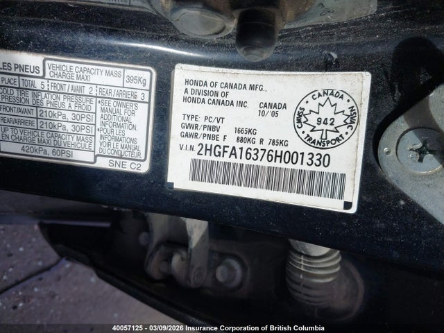 40057125 :رقم المزاد ، 2HGFA16376H001330 vin ، 2006 Honda Civic Dx Vp مزاد بيع