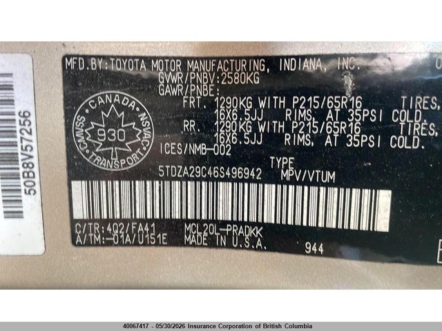 Продажа на аукционе авто 2006 Toyota Sienna Ce, vin: 5TDZA29C46S496942, номер лота: 40067417