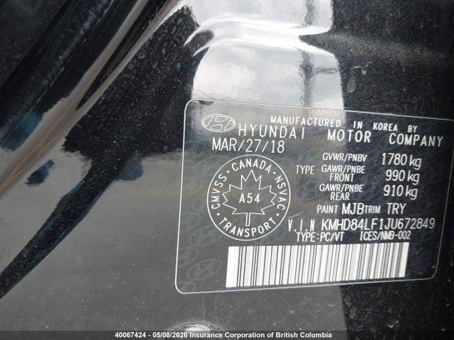 KMHD84LF1JU672849 Hyundai Elantra Sel/value/limited
