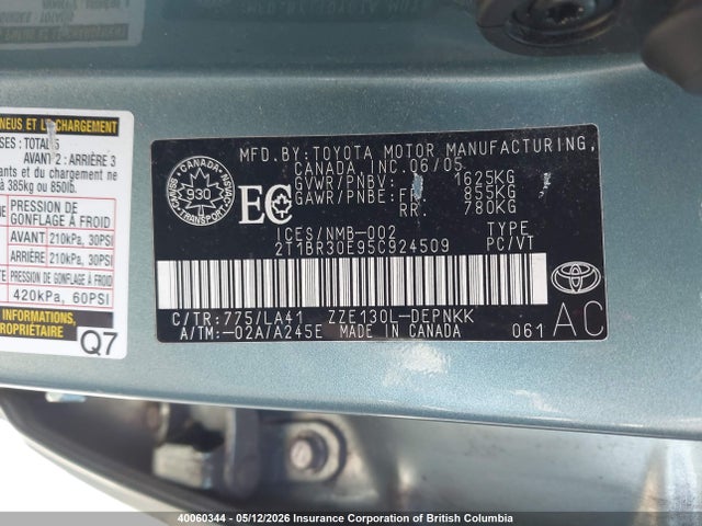 Продаж на аукціоні авто 2005 Toyota Corolla Ce/le/s, vin: 2T1BR30E95C924509, номер лоту: 40060344