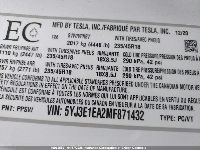Aukcja sprzedaży 2021 Tesla Model 3, vin: 5YJ3E1EA2MF871432, numer aukcji: 40062589