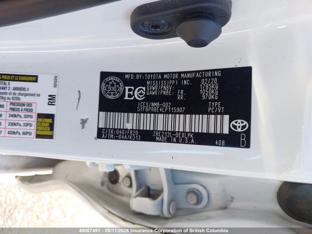 40067451 :رقم المزاد ، 5YFBPRBE4LP115907 vin ، 2020 Toyota Corolla Le مزاد بيع