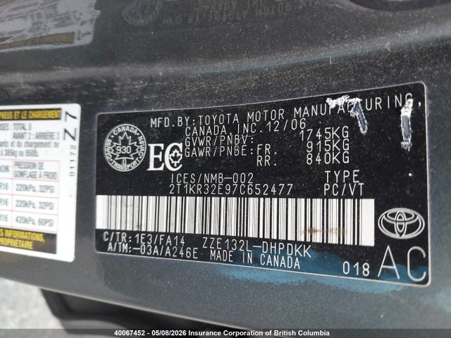 40067452 :رقم المزاد ، 2T1KR32E97C652477 vin ، 2007 Toyota Corolla Matrix Xr مزاد بيع