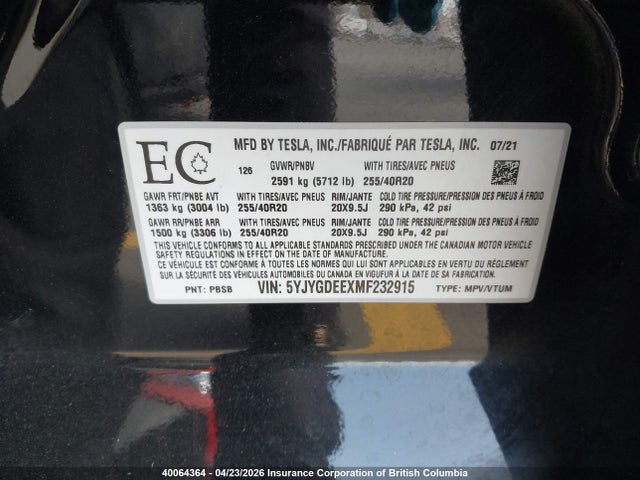 5YJYGDEEXMF232915 Tesla Model Y