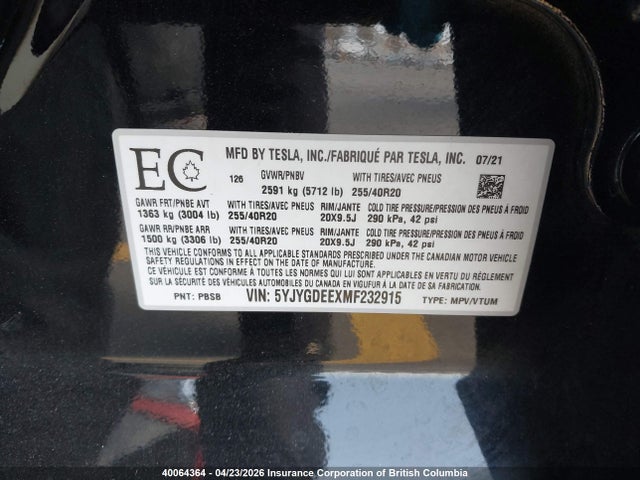 5YJYGDEEXMF232915 Tesla Model Y