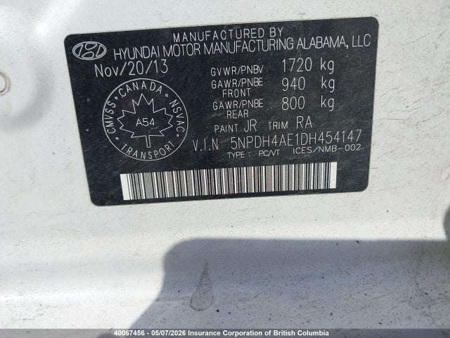 2013 Hyundai Elantra Gl მანქანა იყიდება აუქციონზე, vin: 5NPDH4AE1DH454147, აუქციონის ნომერი: 40067456