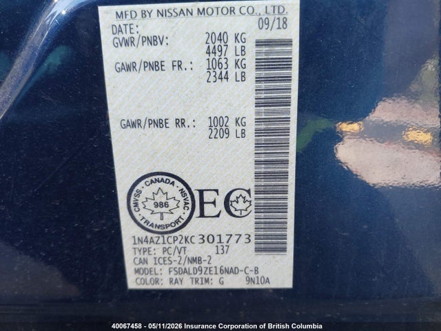 40067458 :رقم المزاد ، 1N4AZ1CP2KC301773 vin ، 2019 Nissan Leaf مزاد بيع