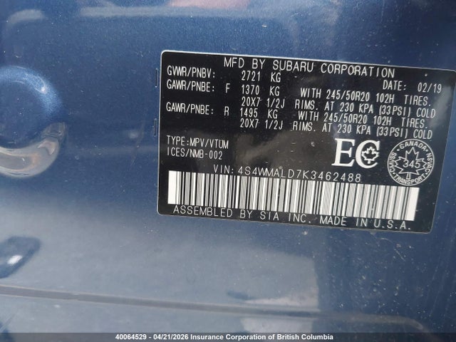 40064529 :رقم المزاد ، 4S4WMALD7K3462488 vin ، 2019 Subaru Ascent Limited مزاد بيع