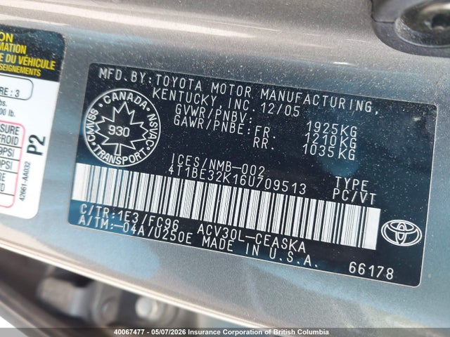 40067477 :رقم المزاد ، 4T1BE32K16U709513 vin ، 2006 Toyota Camry مزاد بيع