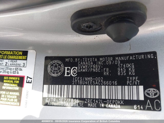 40066916 :رقم المزاد ، 2T1BU4EE5AC266016 vin ، 2010 Toyota Corolla S/le/xle مزاد بيع