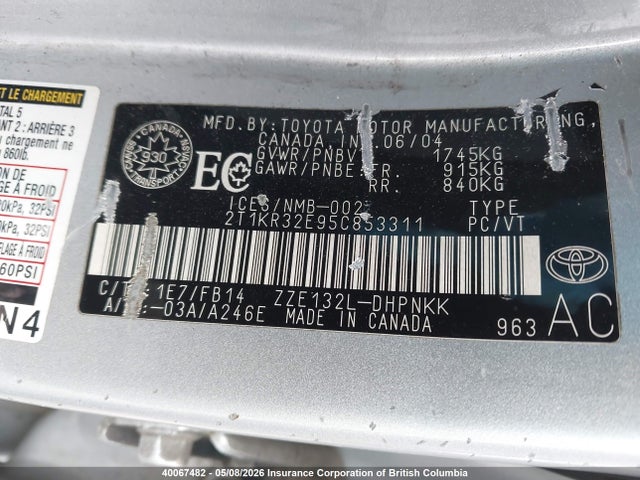 40067482 :رقم المزاد ، 2T1KR32E95C853311 vin ، 2005 Toyota Corolla Matrix Xr مزاد بيع