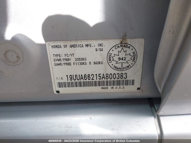 Продажа на аукционе авто 2005 Acura Tl, vin: 19UUA66215A800383, номер лота: 40065039