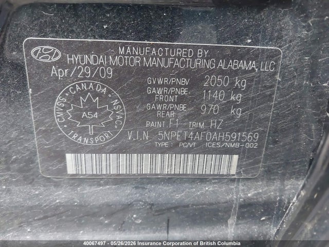2010 Hyundai Sonata Gls მანქანა იყიდება აუქციონზე, vin: 5NPET4AF0AH591569, აუქციონის ნომერი: 40067497