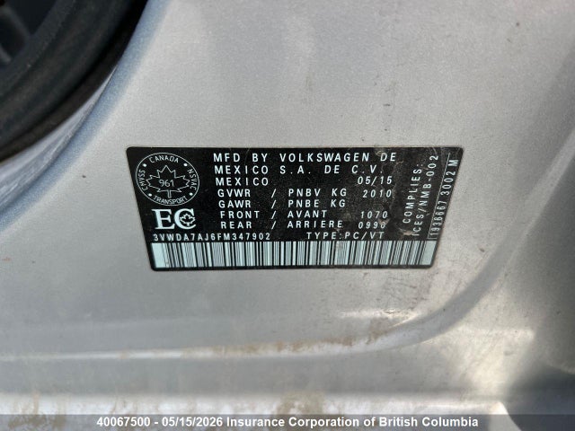 Продажа на аукционе авто 2015 Volkswagen Jetta, vin: 3VWDA7AJ6FM347902, номер лота: 40067500
