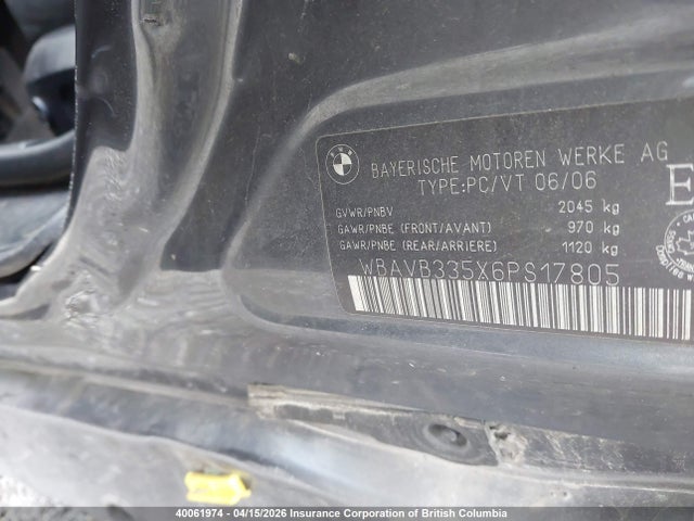 2006 Bmw 330 I მანქანა იყიდება აუქციონზე, vin: WBAVB335X6PS17805, აუქციონის ნომერი: 40061974