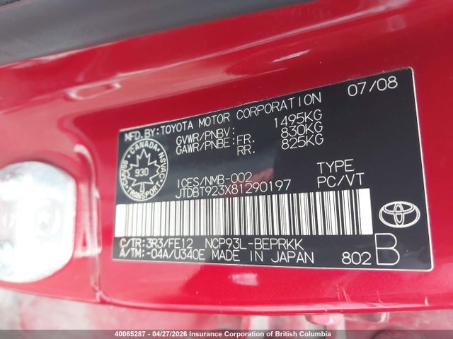 Aukcja sprzedaży 2008 Toyota Yaris, vin: JTDBT923X81290197, numer aukcji: 40065287