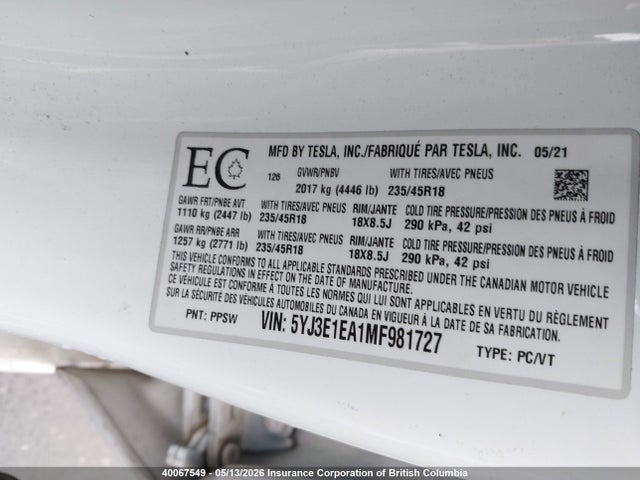 5YJ3E1EA1MF981727 Tesla MODEL 3