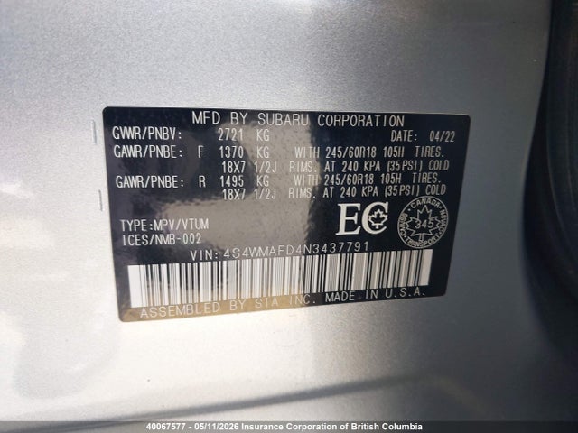 4S4WMAFD4N3437791 Subaru Ascent Premium