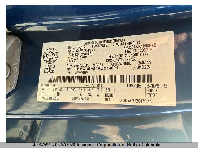 Продажа на аукционе авто 2019 Ford Escape Sel, vin: 1FMCU9H91KUC14091, номер лота: 40067599