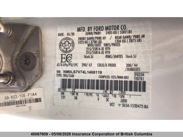 40067609 :رقم المزاد ، NM0LS7V74L1468119 vin ، 2020 Ford Transit Connect Xl مزاد بيع