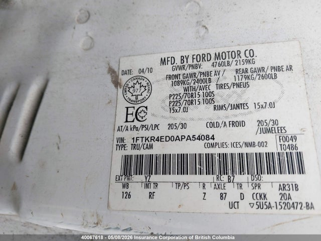 2010 Ford Ranger Xl მანქანა იყიდება აუქციონზე, vin: 1FTKR4ED0APA54084, აუქციონის ნომერი: 40067618