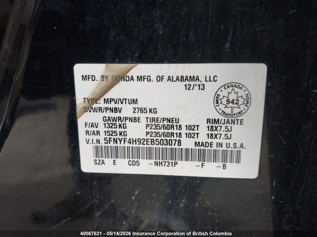 Aukcja sprzedaży 2014 Honda Pilot, vin: 5FNYF4H92EB503078, numer aukcji: 40067621