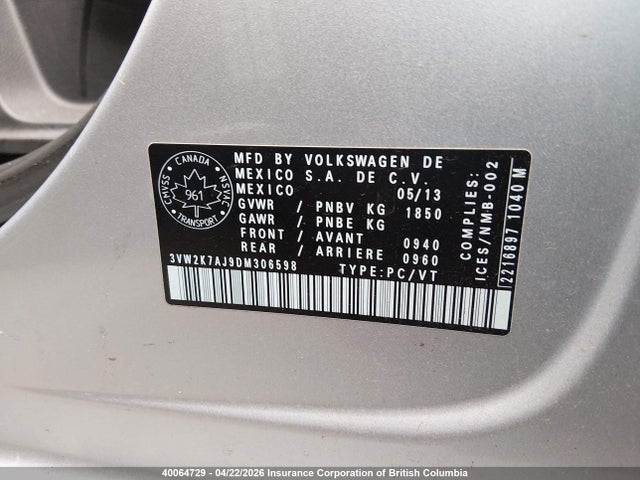 2013 Volkswagen Jetta S მანქანა იყიდება აუქციონზე, vin: 3VW2K7AJ9DM306598, აუქციონის ნომერი: 40064729