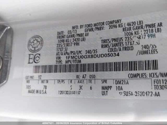 2013 Ford Escape Se მანქანა იყიდება აუქციონზე, vin: 1FMCU0GX8DUD05034, აუქციონის ნომერი: 40067631
