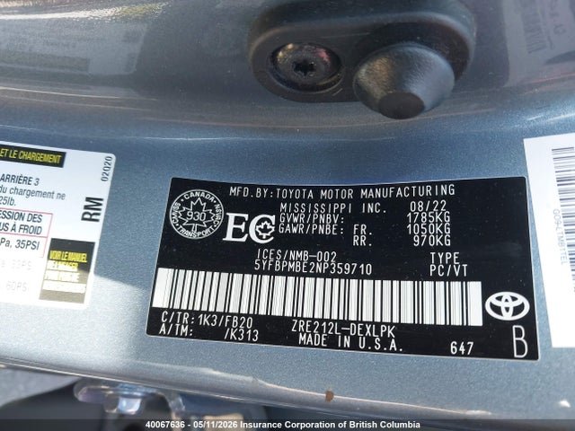 5YFBPMBE2NP359710 Toyota Corolla Le/xle