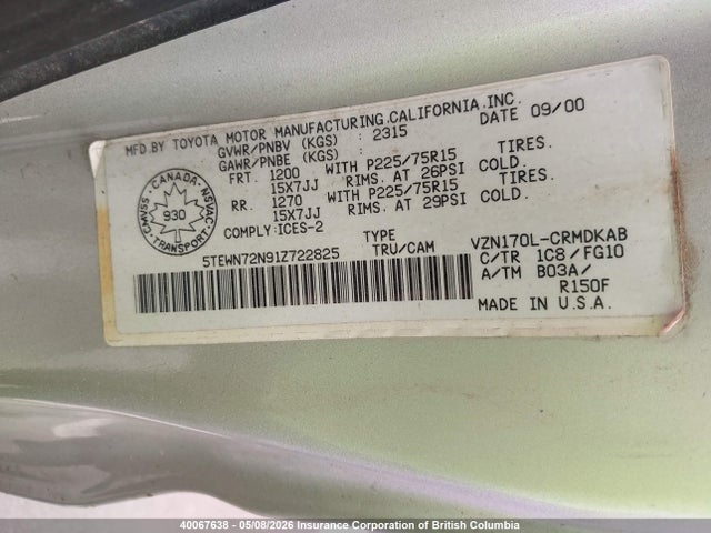 2001 Toyota Tacoma Base V6 მანქანა იყიდება აუქციონზე, vin: 5TEWN72N91Z722825, აუქციონის ნომერი: 40067638