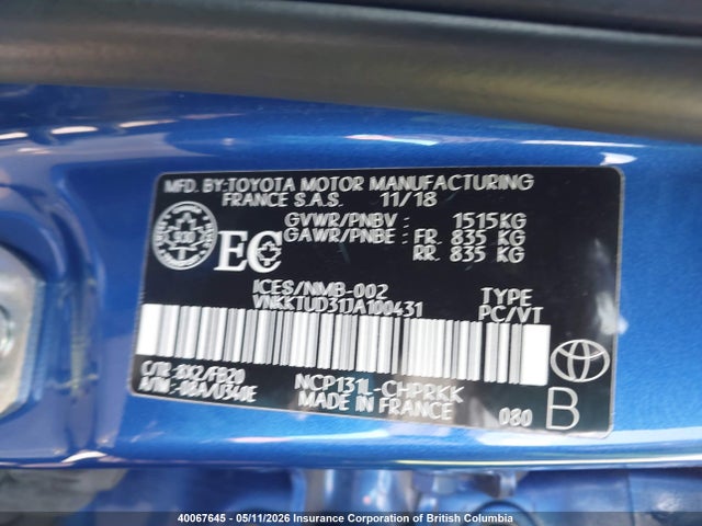 40067645 :رقم المزاد ، VNKKTUD31JA100431 vin ، 2018 Toyota Yaris مزاد بيع